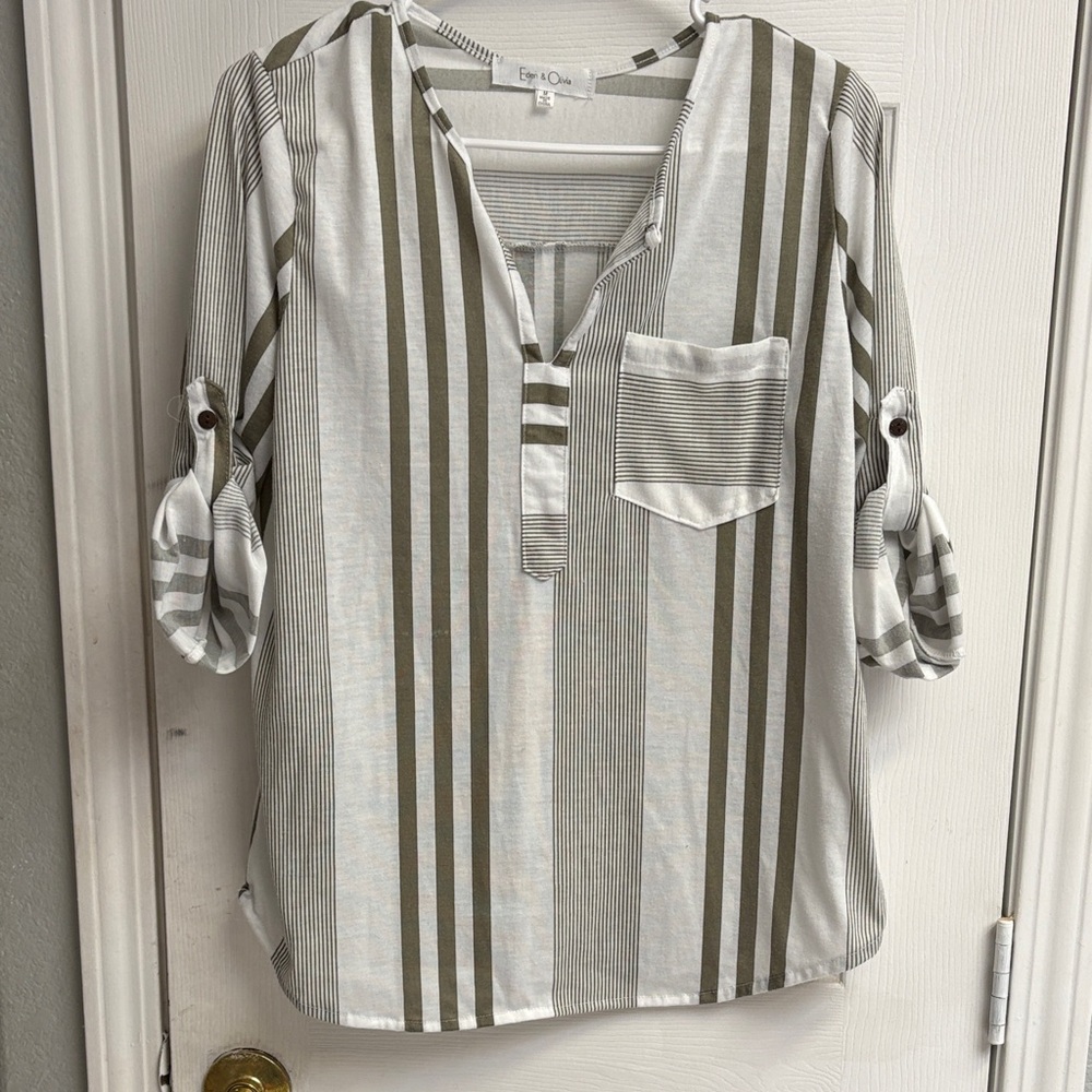 Eden & Olivia Olive and White Striped Blouse